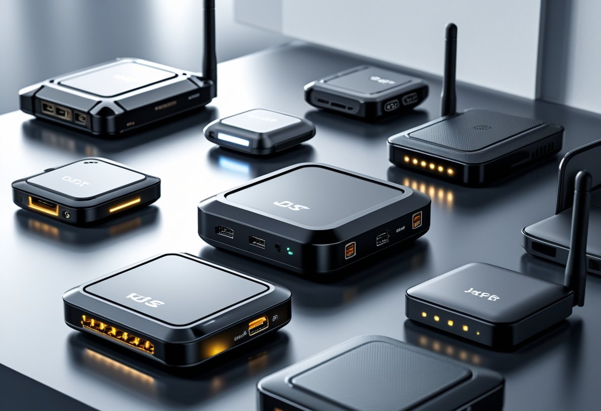 A collection of various car GPS tracking devices arranged on a clean surface.