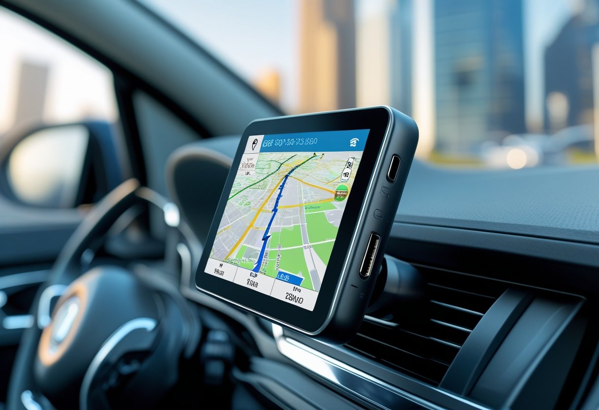 A car GPS tracking device mounted on a car dashboard showing a digital map with a highlighted route inside a vehicle.