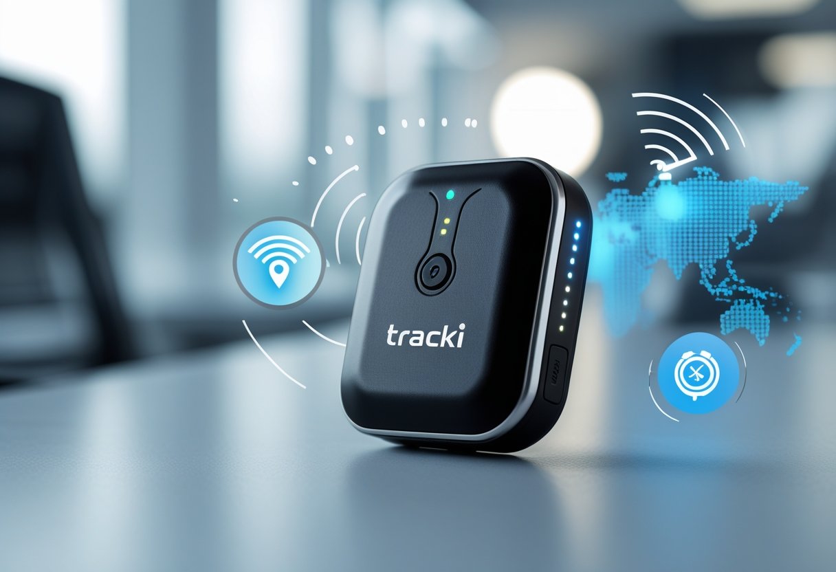 A compact Tracki GPS tracker device on a clean surface with visual icons representing location tracking, wireless signals, and connectivity in the background.