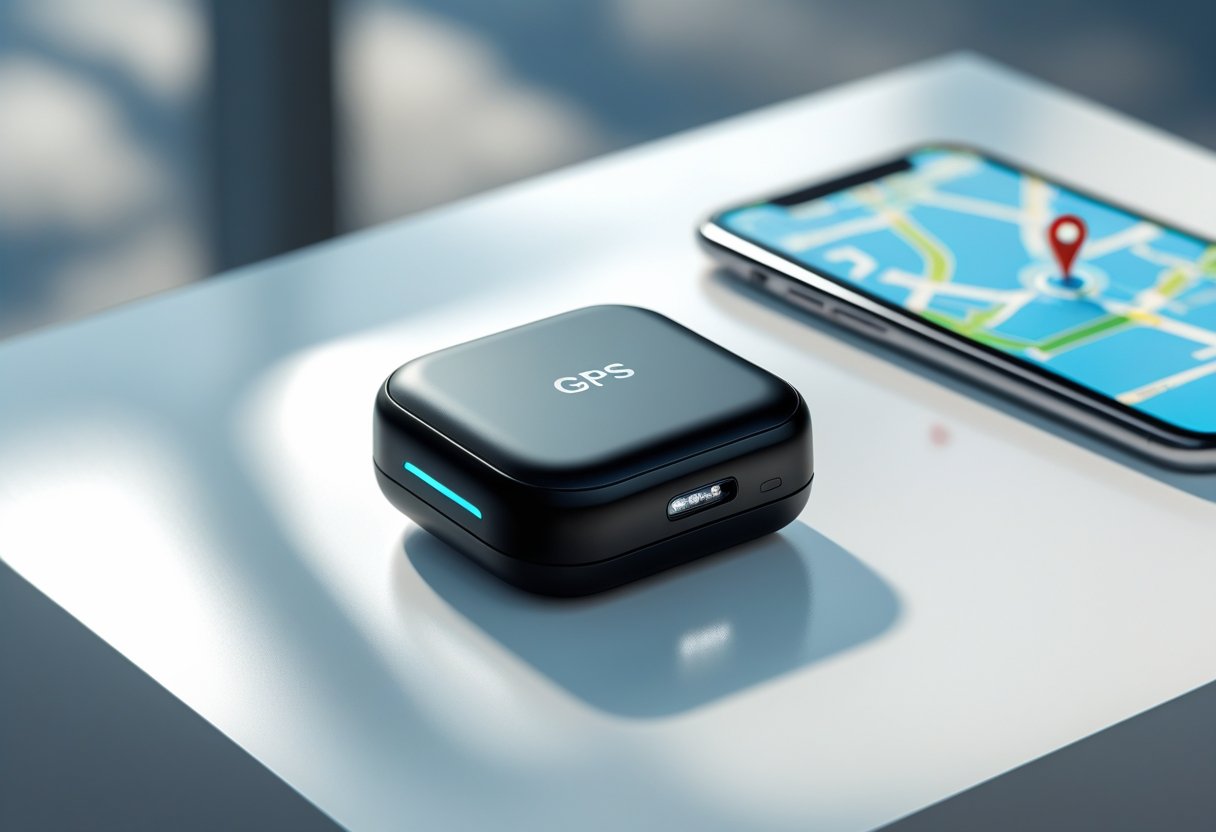 A compact GPS tracker placed on a white surface next to a smartphone showing a map with a location marker.