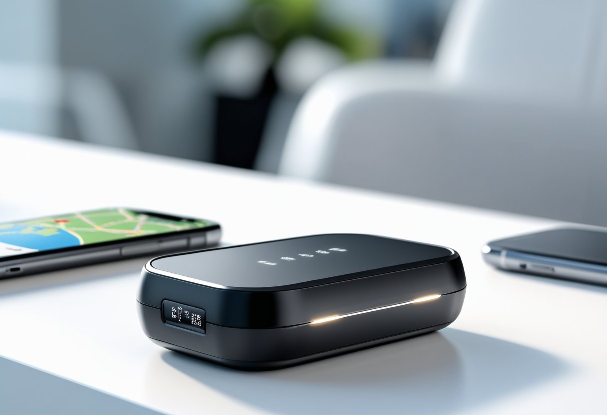 A compact black GPS tracking device on a white surface next to a smartphone showing a map.