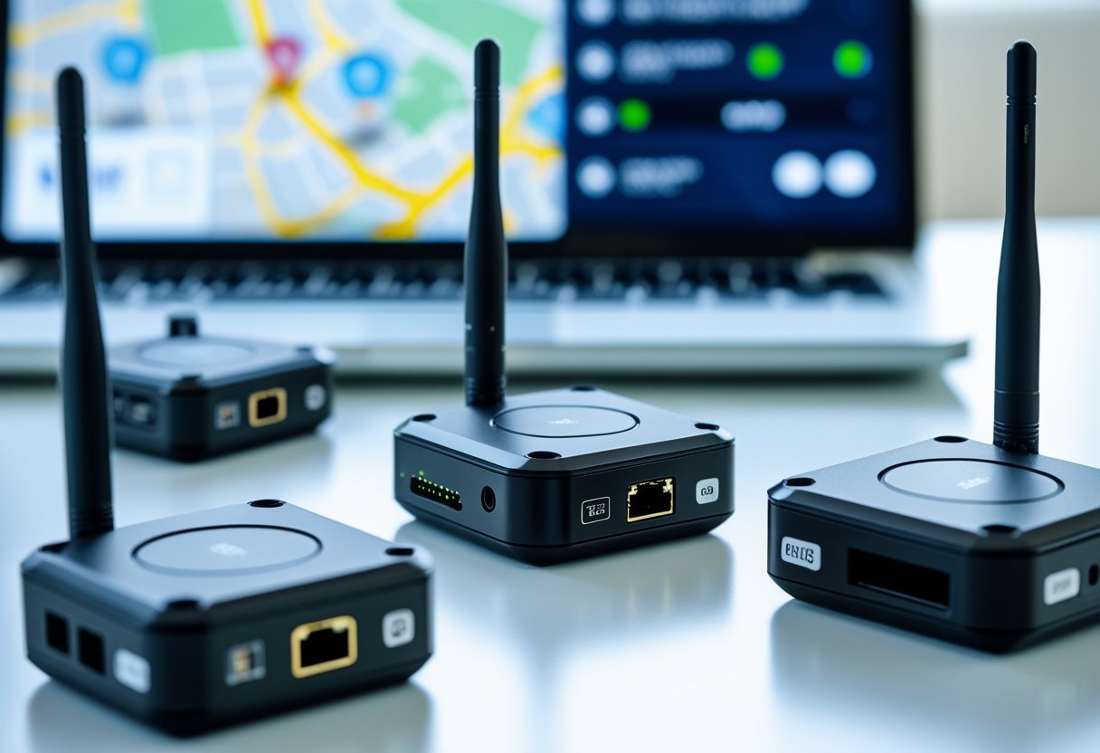 Close-up of small GPS tracking devices on a white surface with a blurred laptop screen showing a digital map in the background.