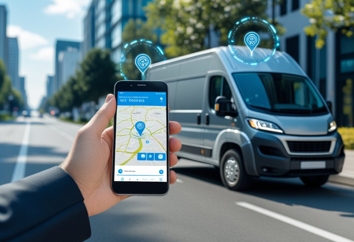 A person holding a smartphone showing a GPS tracking app with a delivery van driving on a road in the background.
