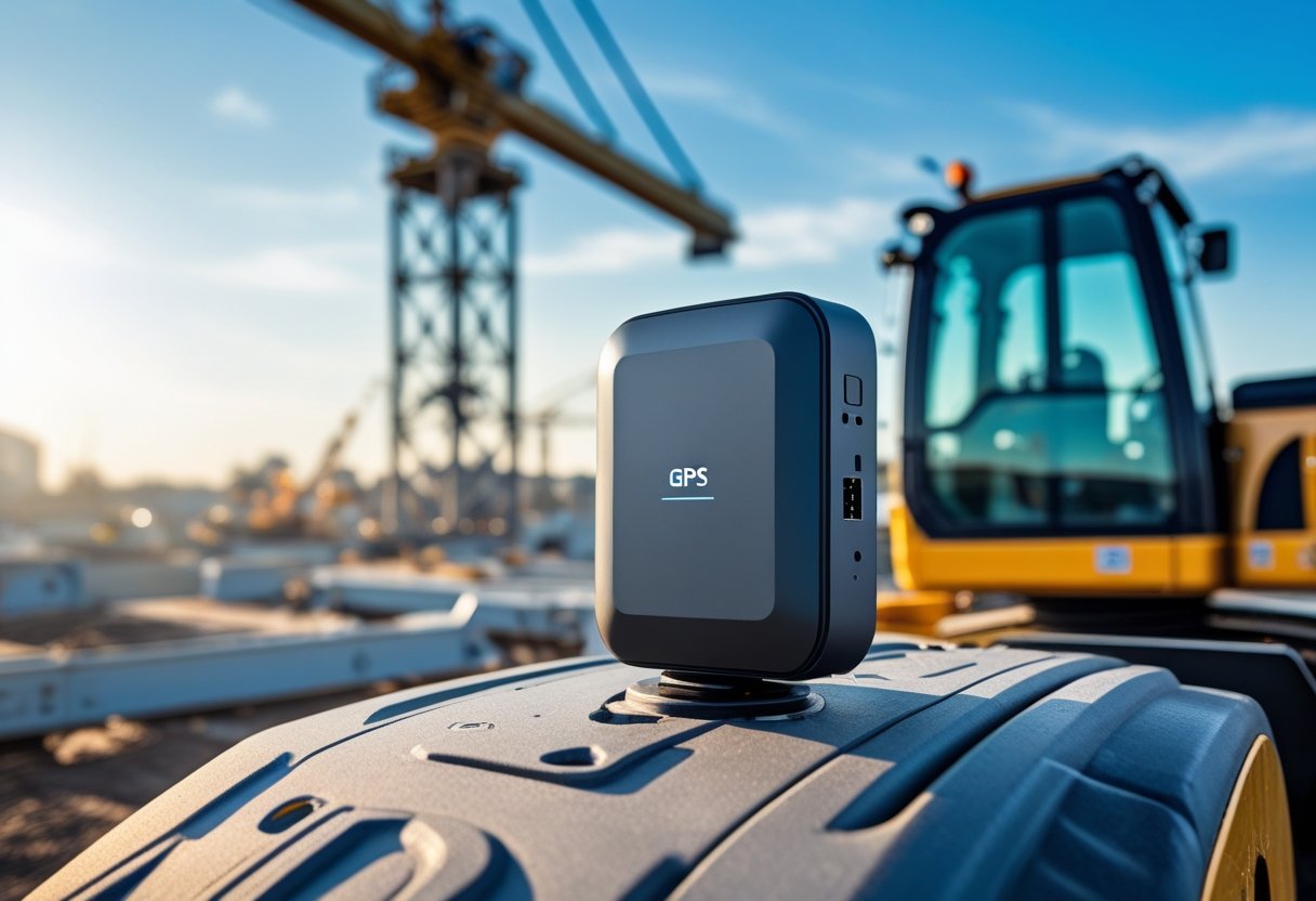 A GPS equipment tracker device attached to heavy construction machinery at a construction site.