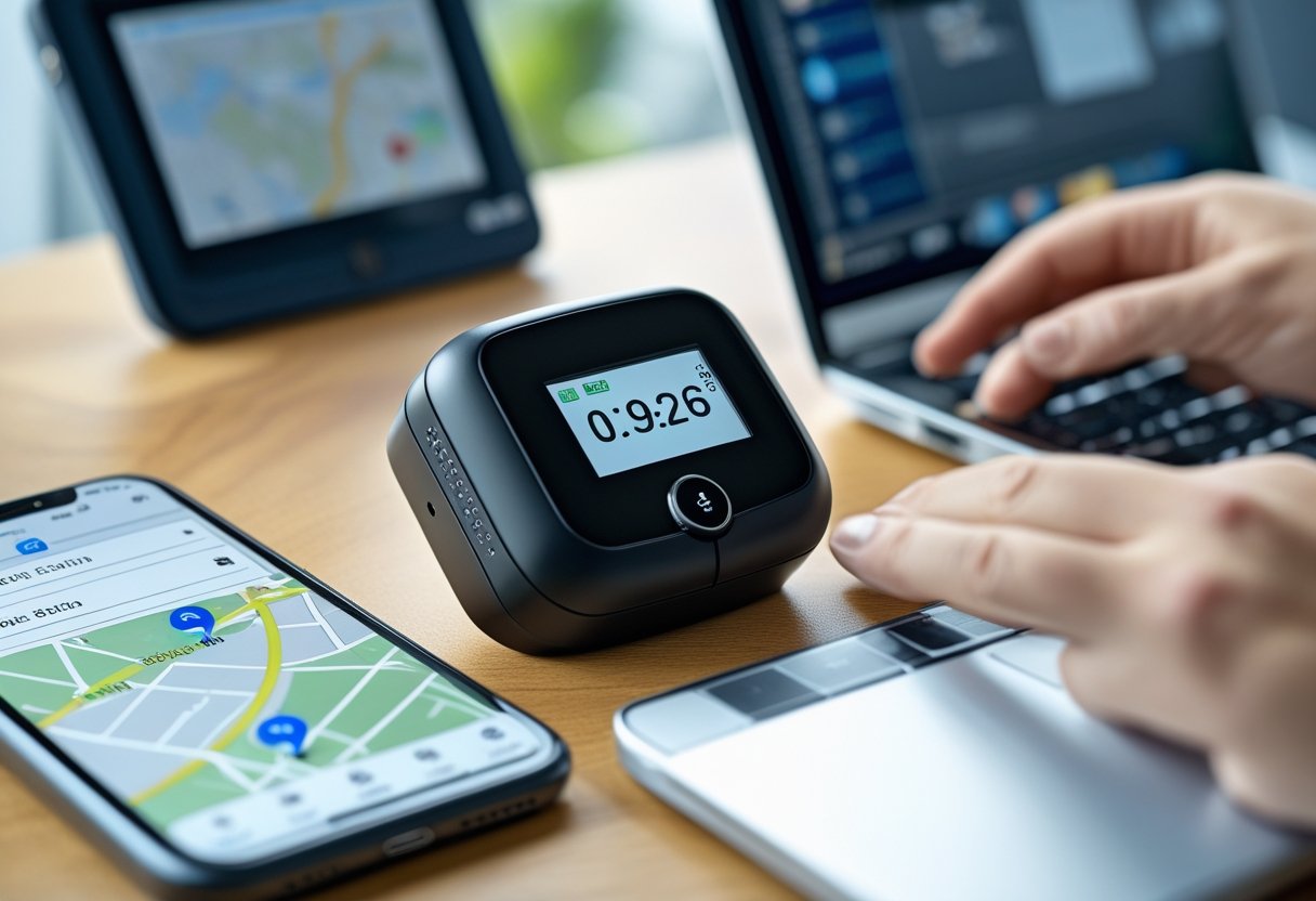 A GPS tracking device on a wooden desk next to a smartphone showing a map and a laptop with a tracking dashboard.