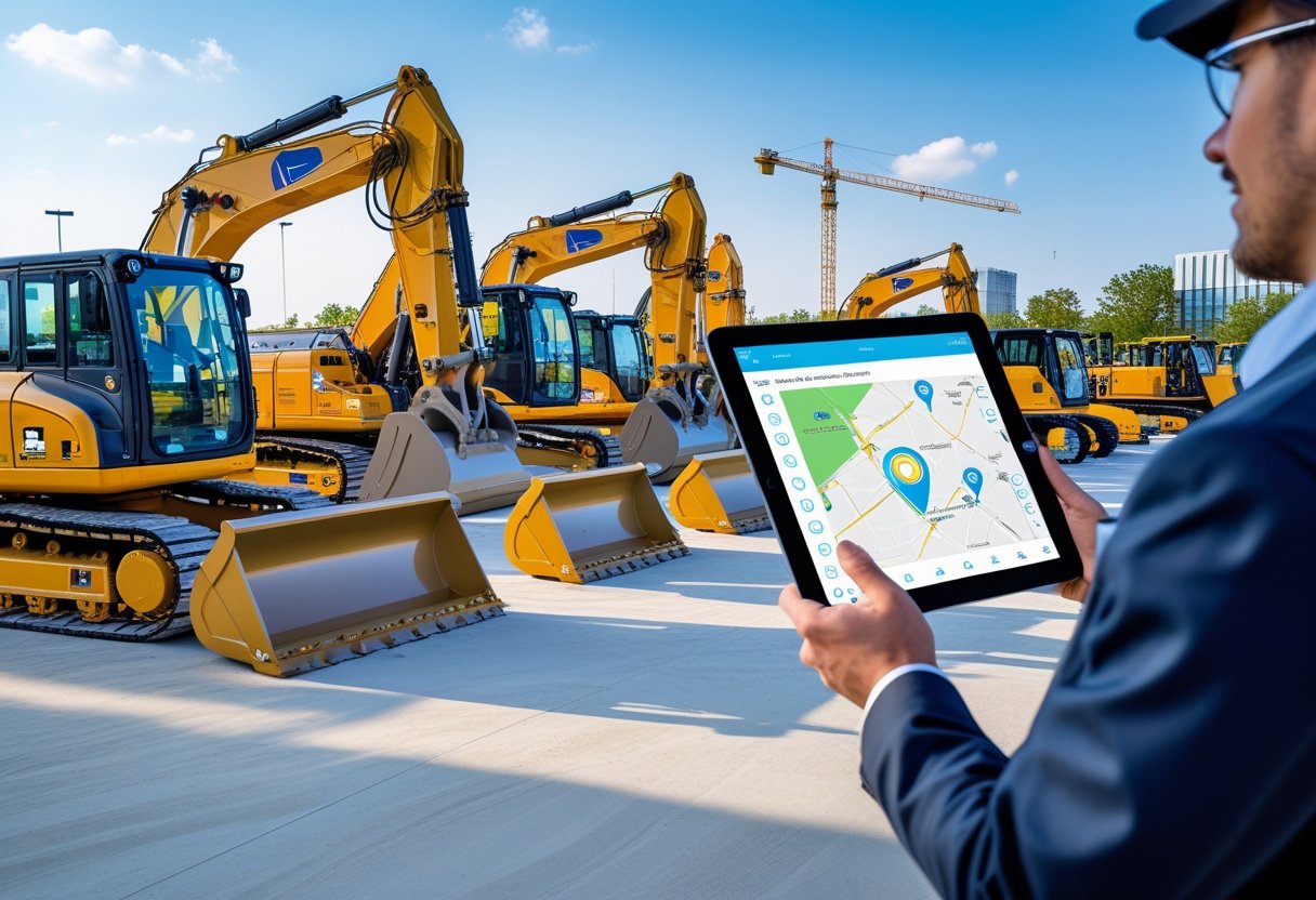 A construction site with heavy equipment fitted with GPS trackers and a supervisor holding a tablet showing equipment locations on a map.