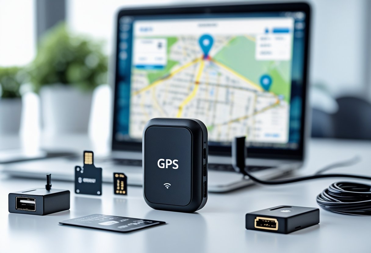A GPS tracking device with accessories placed on a white surface and a laptop screen showing a digital map with location markers in the background.