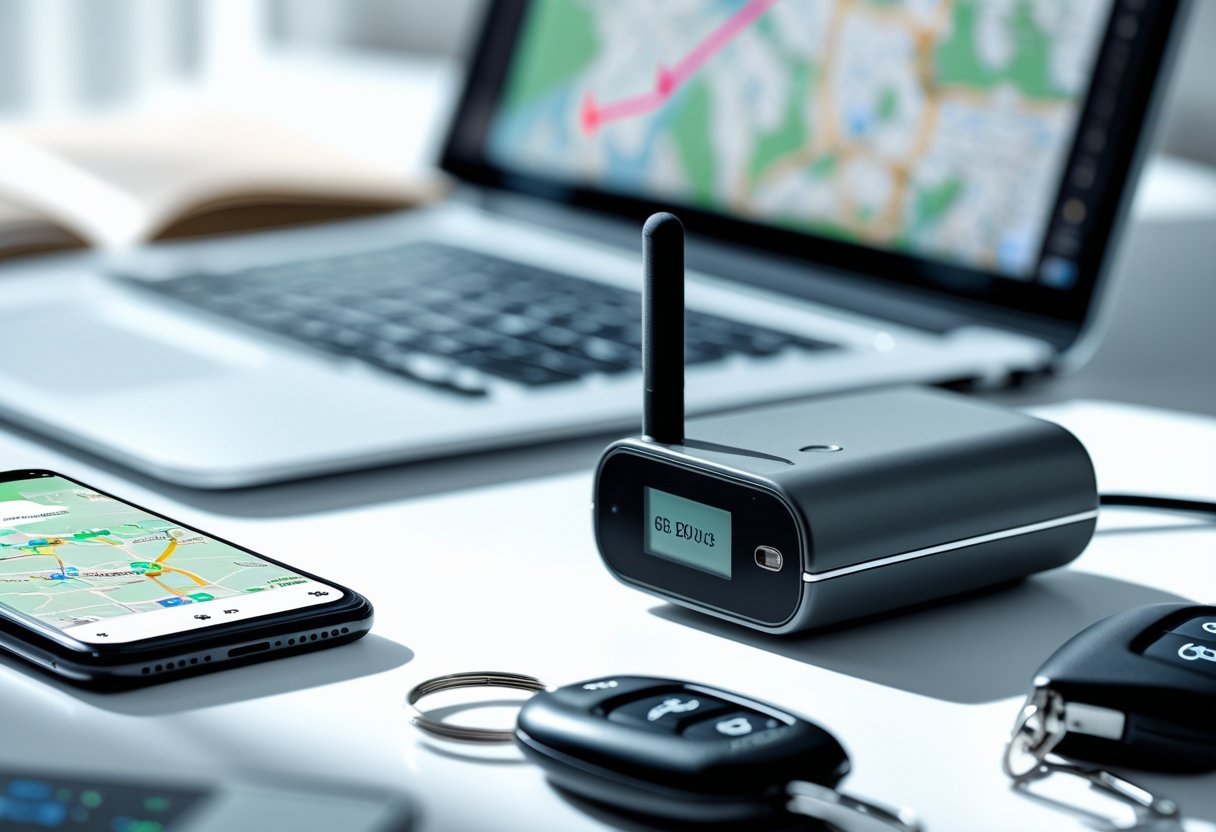 Close-up of GPS tracking device with smartphone showing map and laptop with tracking software on a white surface.