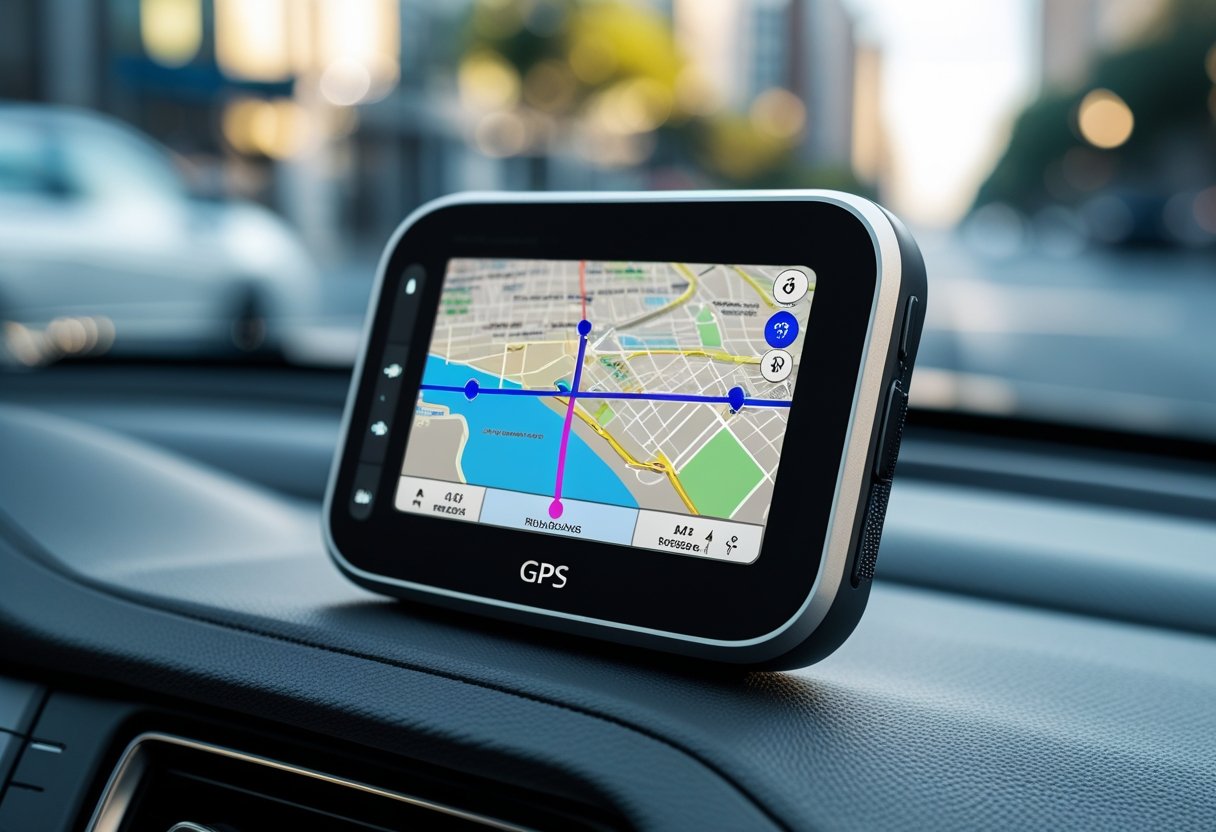 A GPS tracking device on a car dashboard showing a map with a route, with a blurred city street visible through the windshield.