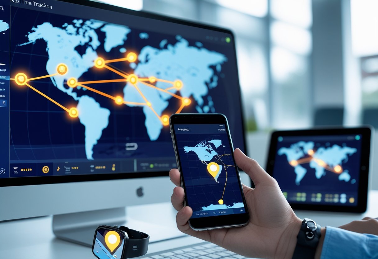 A person using a smartphone and computer displaying live GPS location points and movement paths on digital maps.