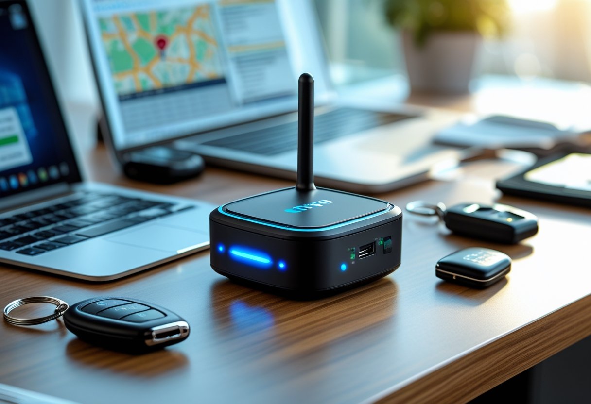 A GPS tracker device on a desk next to a smartphone showing a map and a laptop with tracking software.
