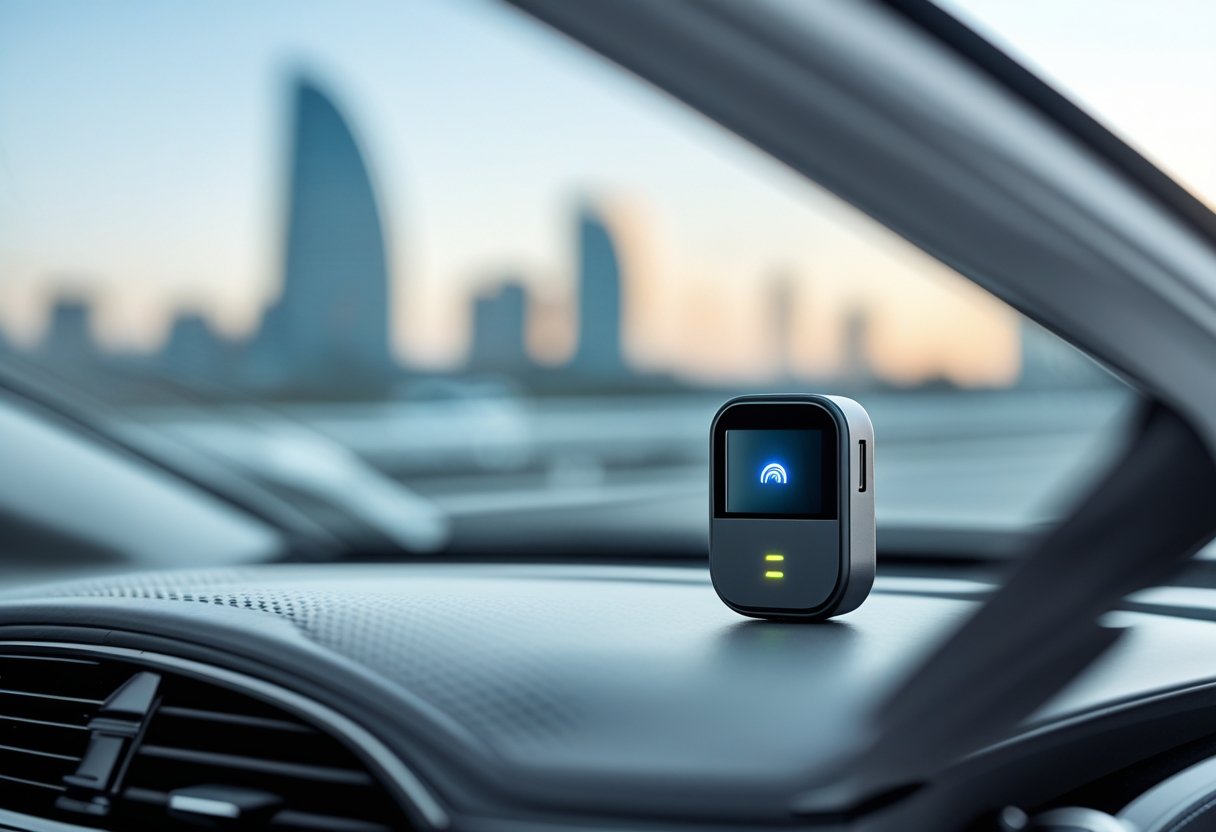 A small GPS car tracker device placed on a car dashboard with a blurred city view through the windshield.