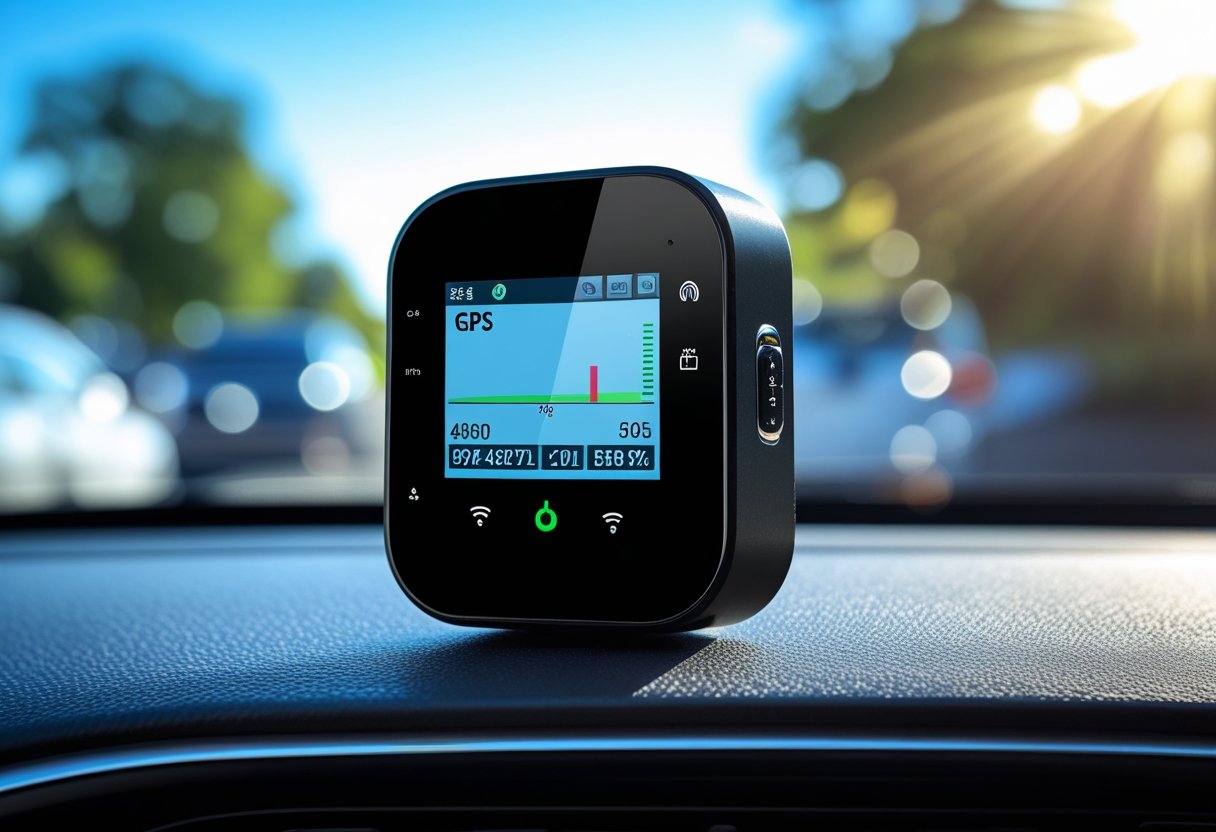 A compact car tracker device on a car dashboard showing GPS information with a blurred car interior background.