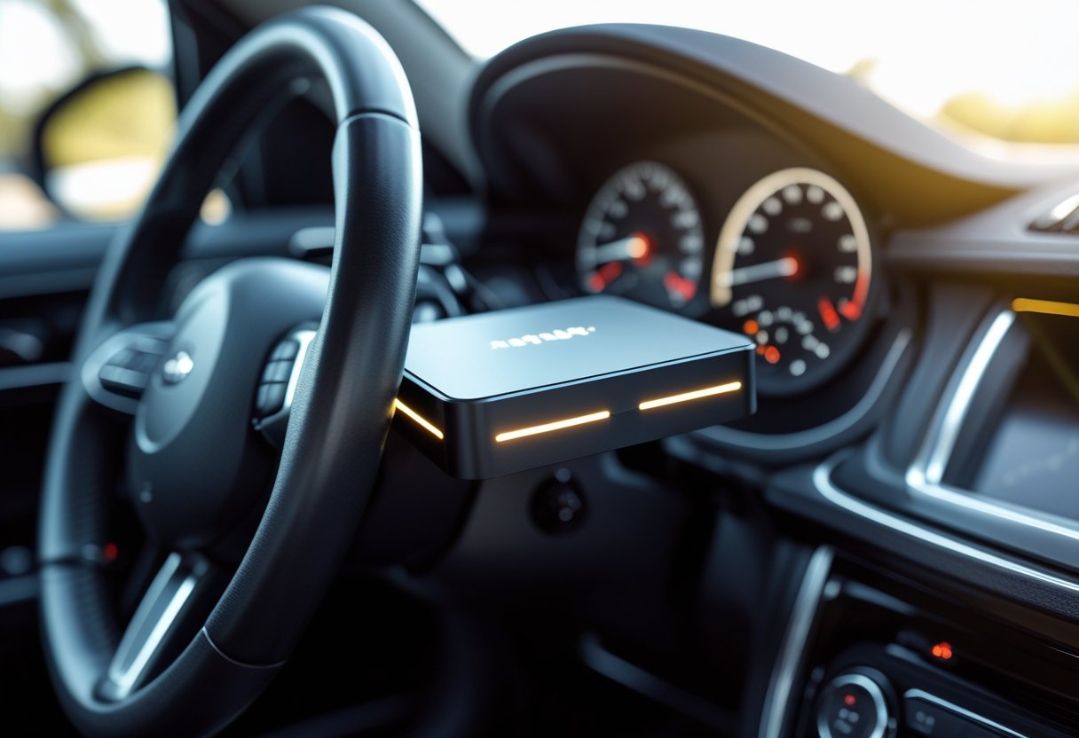 Close-up of a vehicle tracking device installed inside a car dashboard with the steering wheel and interior visible.