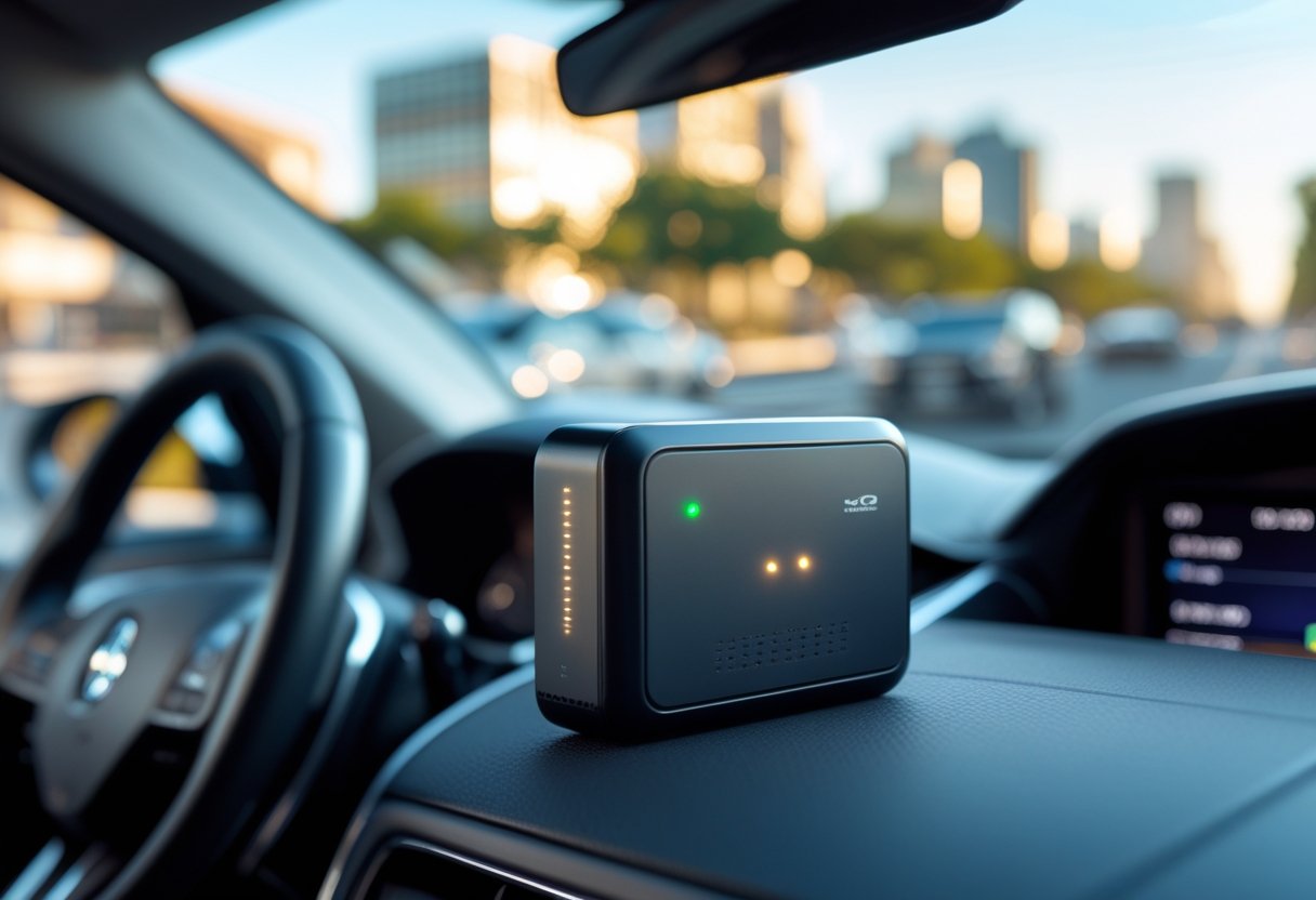 A vehicle tracking device on a car dashboard with a city street visible through the windshield.