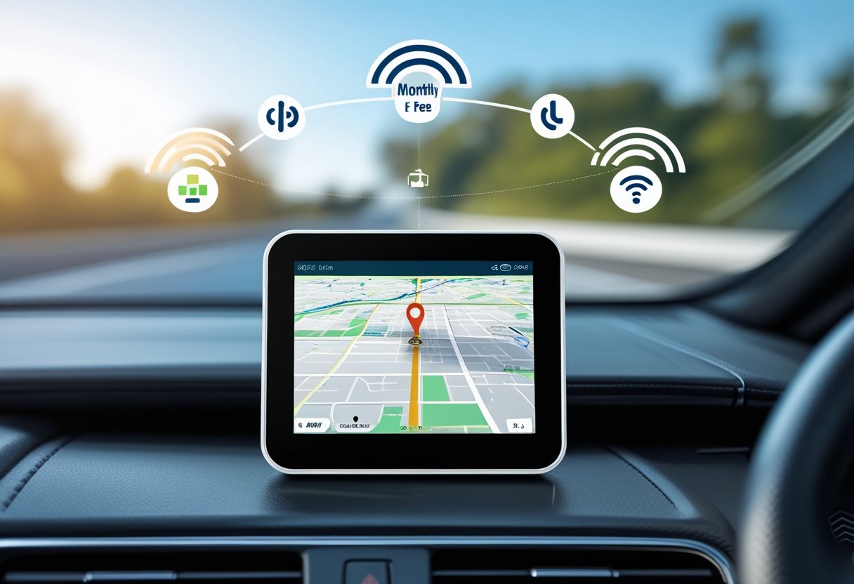 A vehicle tracking device on a car dashboard showing a map and a moving vehicle icon, with a blurred road visible through the windshield.