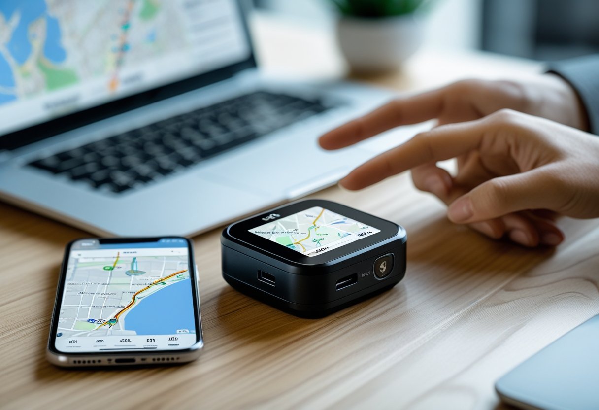 A GPS tracking device on a desk with a smartphone and laptop showing maps and location data.