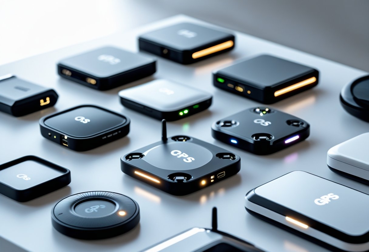 Close-up of several modern GPS trackers arranged on a white surface.