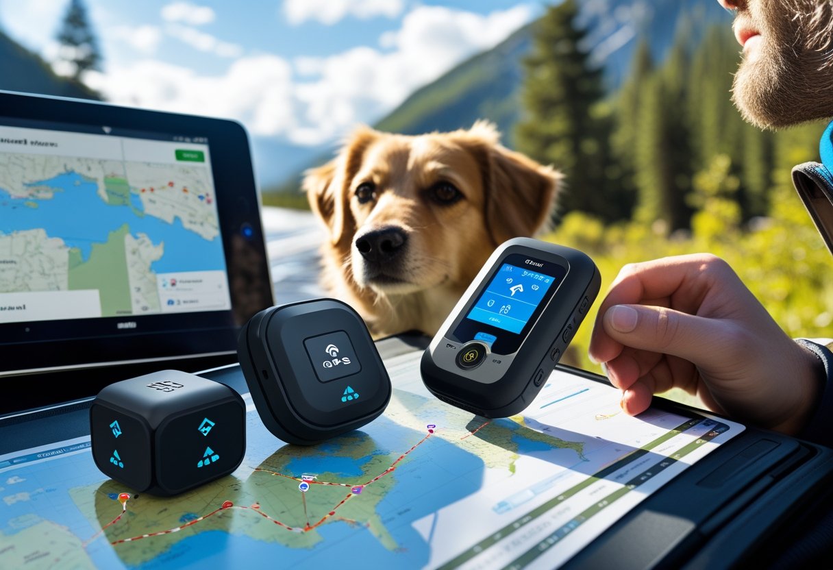 Various GPS tracking devices shown on a vehicle dashboard, a dog collar, and held by a hiker with a digital map displayed on a tablet nearby.