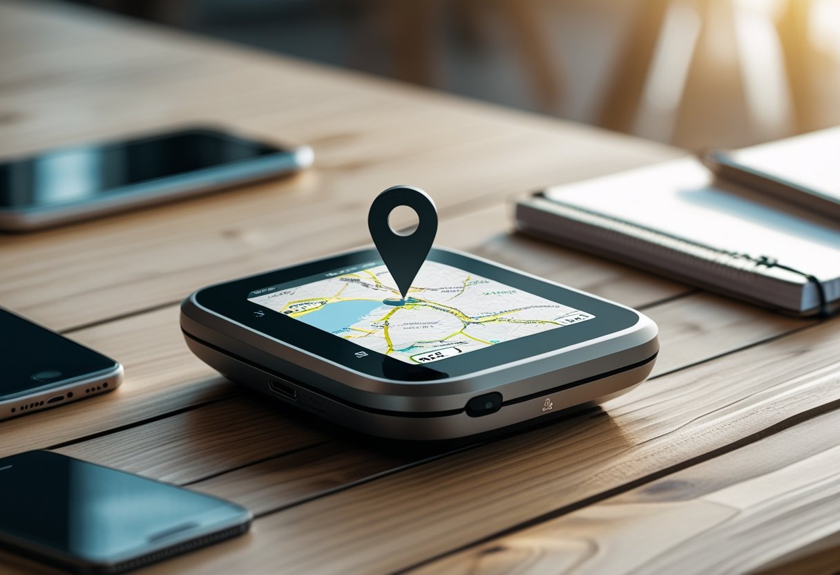 A GPS locator device on a wooden table displaying a map with a location marker.