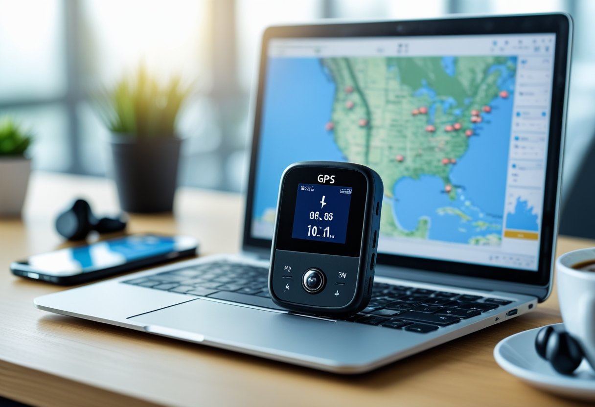 A GPS locator device on a desk next to a laptop showing a digital map with location markers.