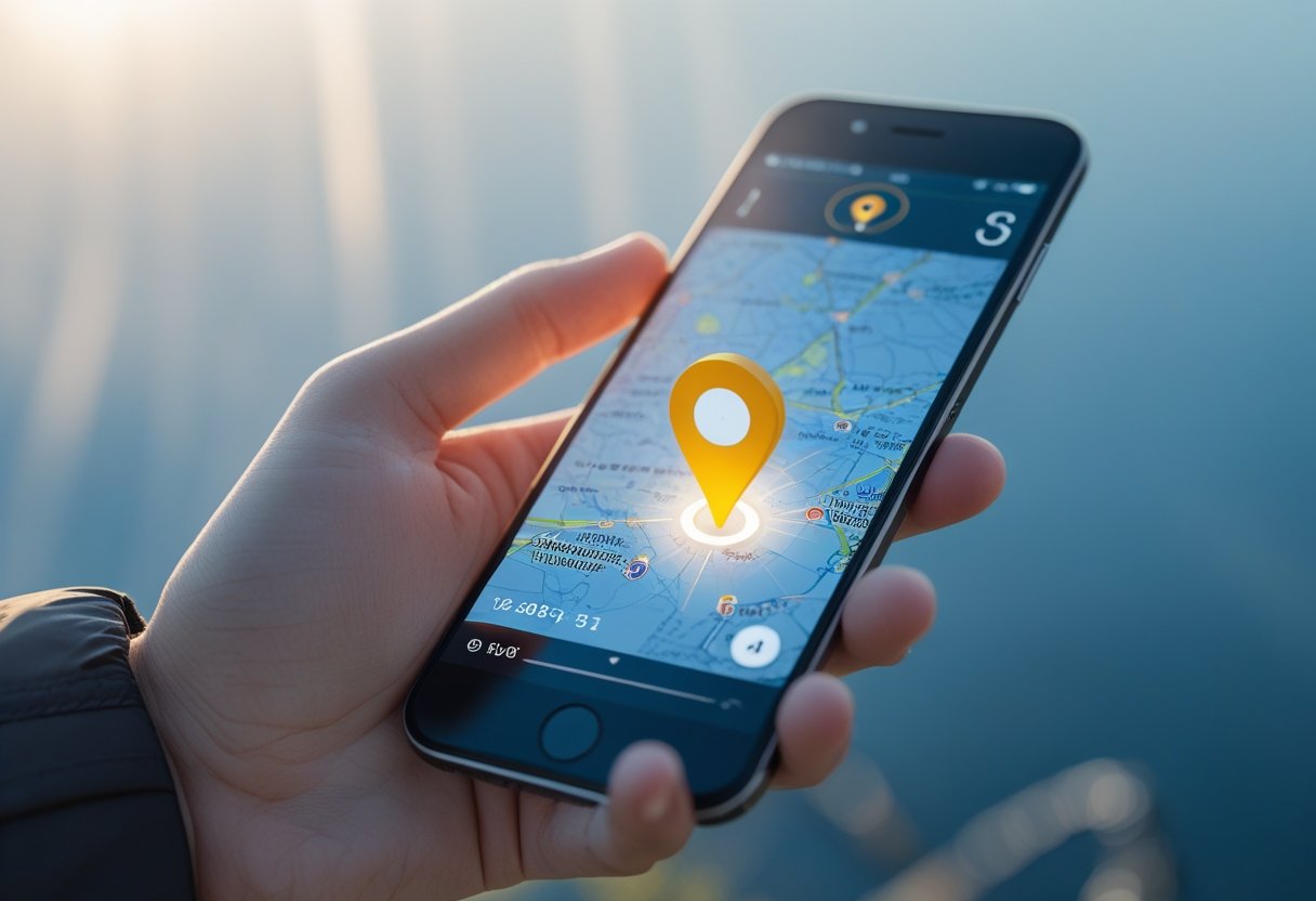 A person holding a smartphone outdoors showing a digital map with a GPS location marker on the screen.