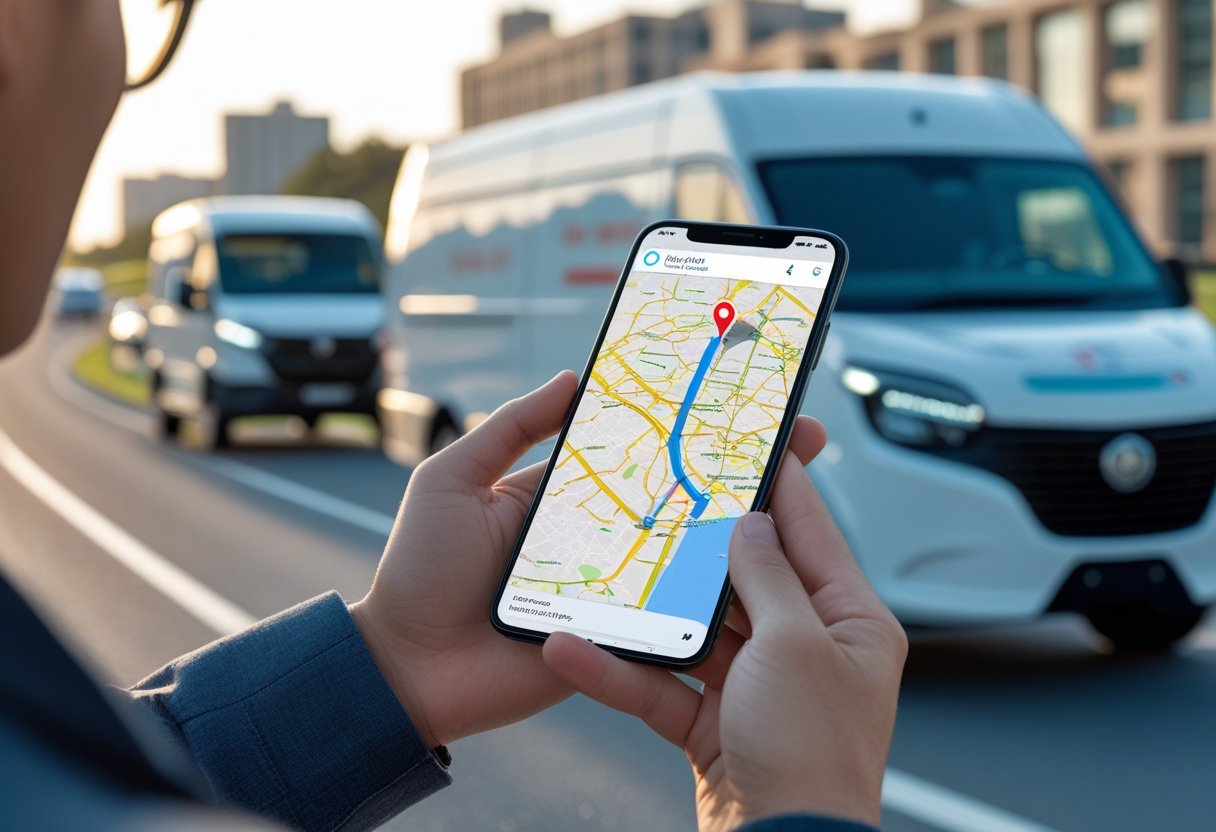 A person holding a smartphone showing a GPS map with location pins, with vehicles and a cityscape in the background.