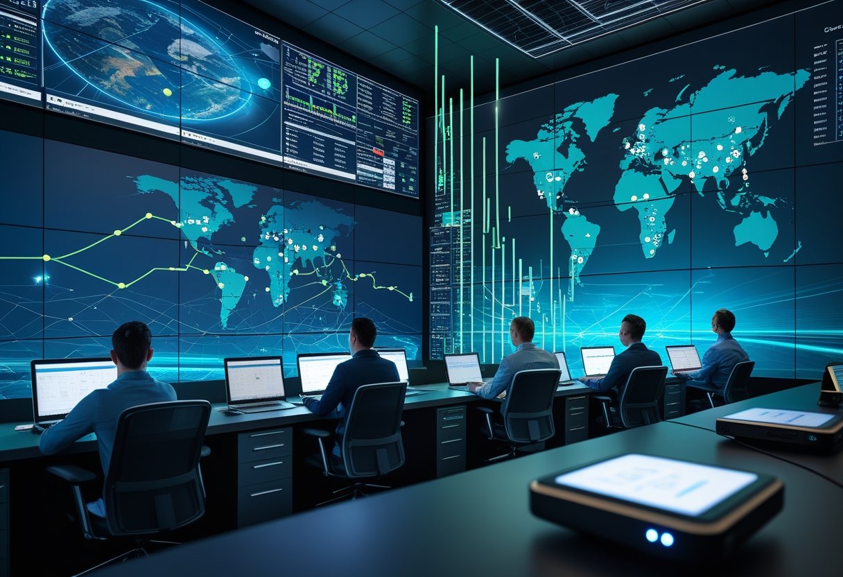 A team of professionals monitors real-time GPS tracking data on multiple screens in a modern control room with maps and vehicle routes displayed.