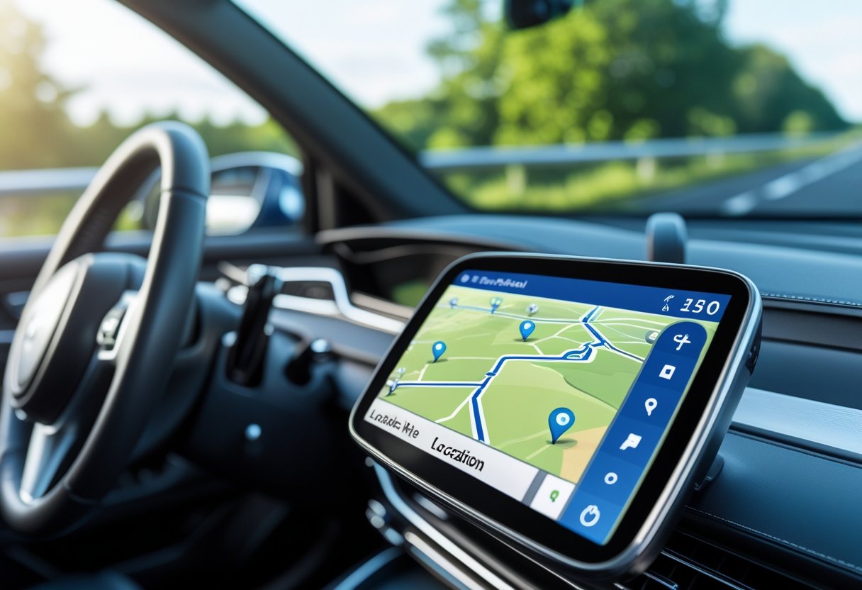 Car dashboard with a GPS tracking device displaying a digital map and route inside a modern vehicle.