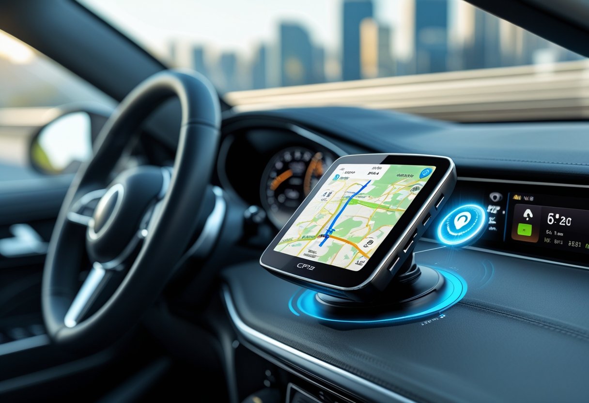 Interior of a car showing a GPS tracking device mounted on the dashboard displaying a map with a highlighted route.