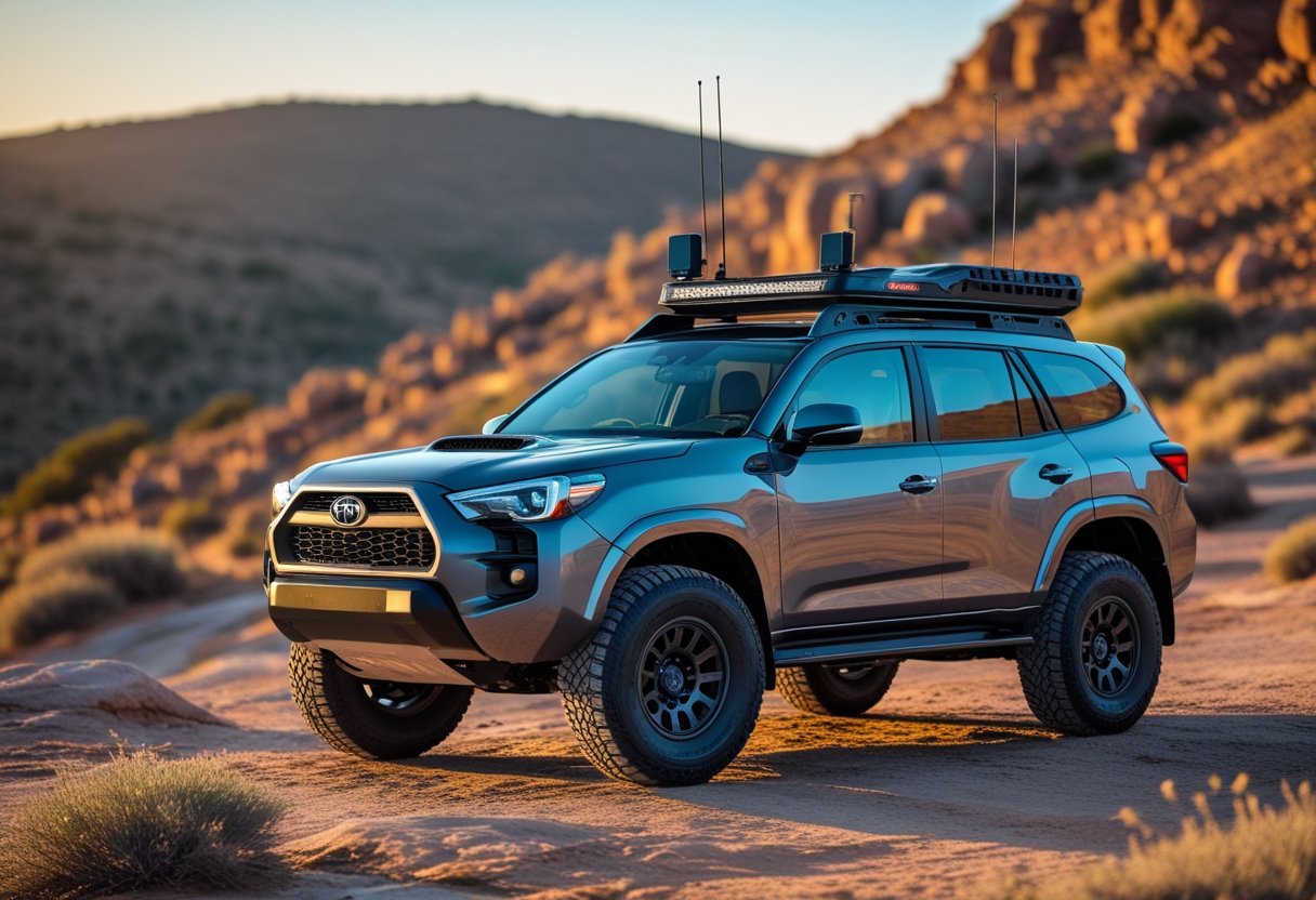 A modern tracker SUV parked on rocky off-road terrain with antennas and GPS devices on the roof under a clear sky.