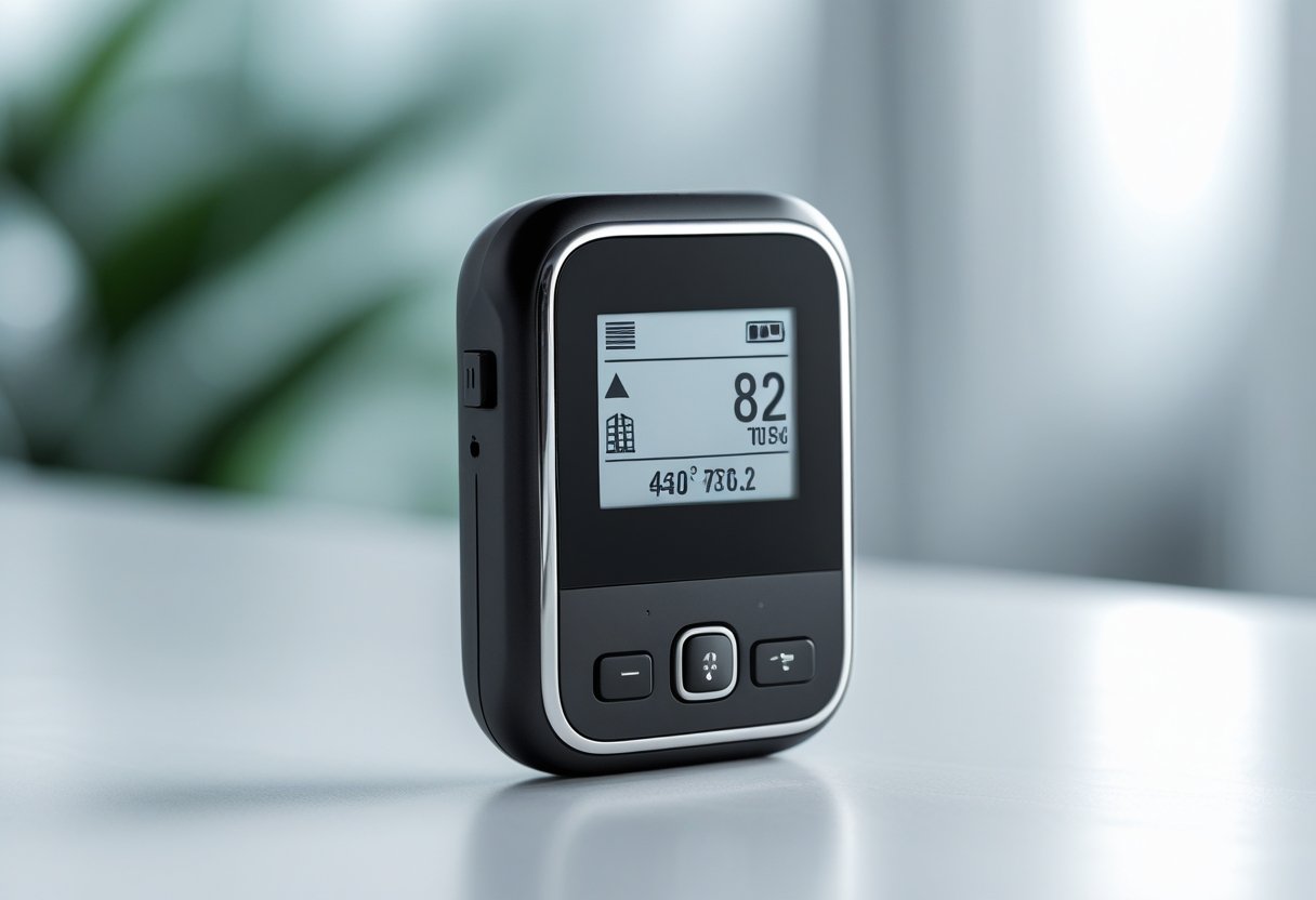 A compact GPS tracking unit with a digital screen showing location coordinates on a white surface.