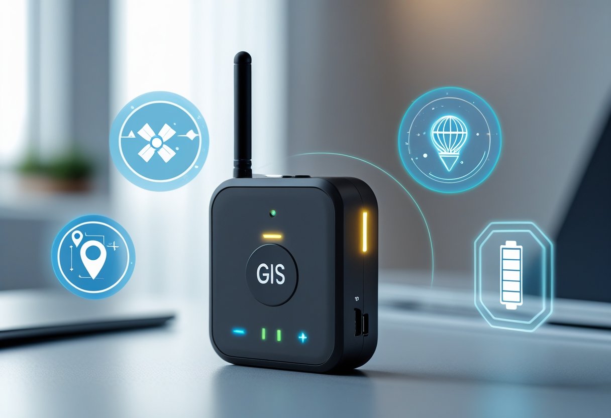 A compact GPS tracking device on a desk with icons representing satellite connectivity, location tracking, battery life, and signal strength.