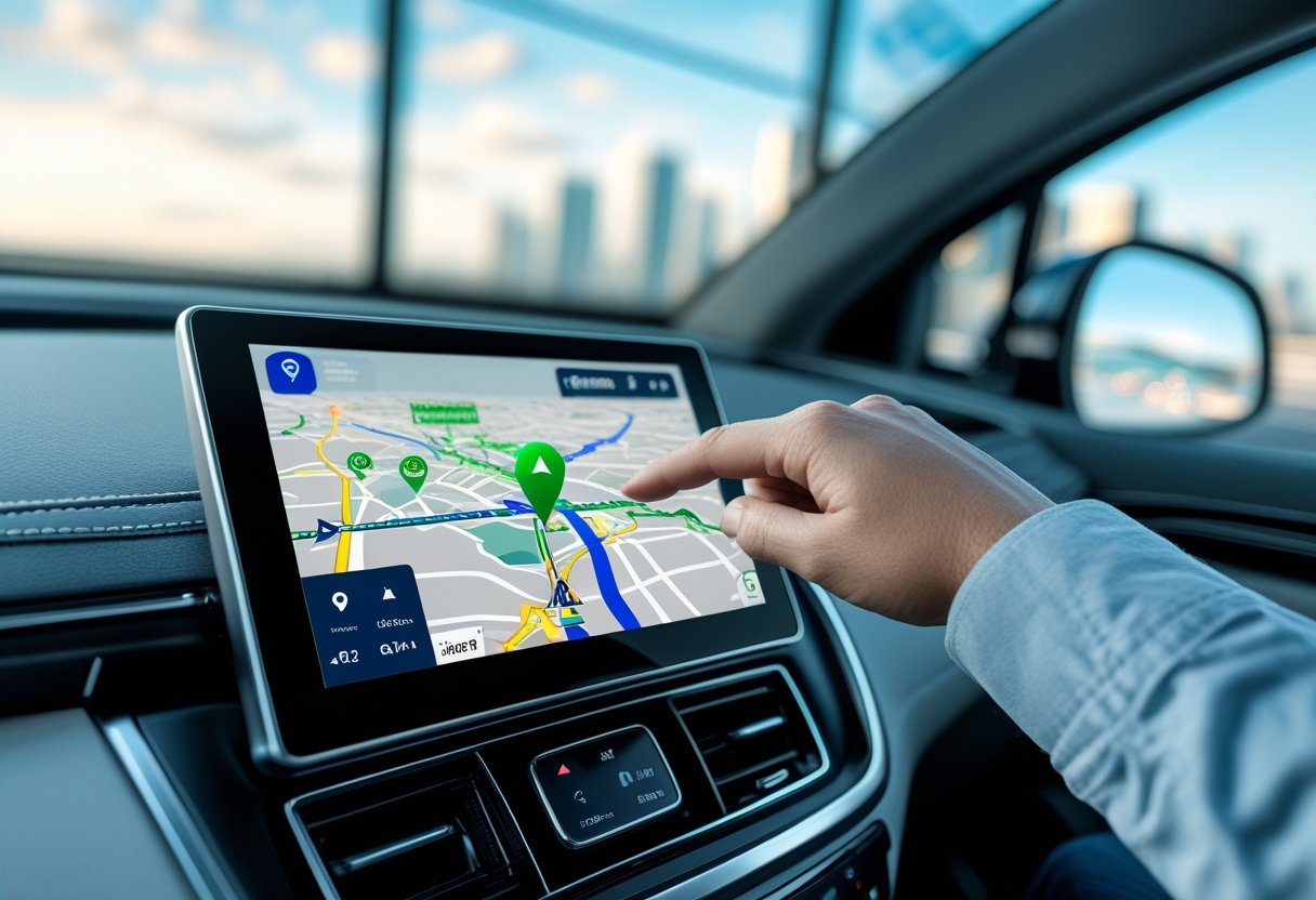 A car dashboard showing a GPS navigation screen with a digital map and a route, with a driver’s hand interacting with the touchscreen inside a modern vehicle.