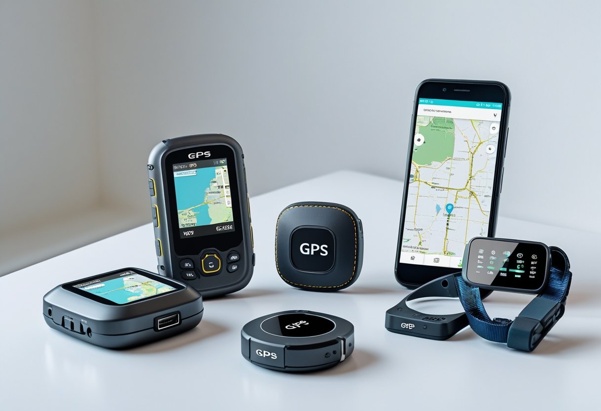 Various GPS tracking devices including a handheld GPS, vehicle tracker, wearable tracker, and smartphone with a map app displayed on a white surface.