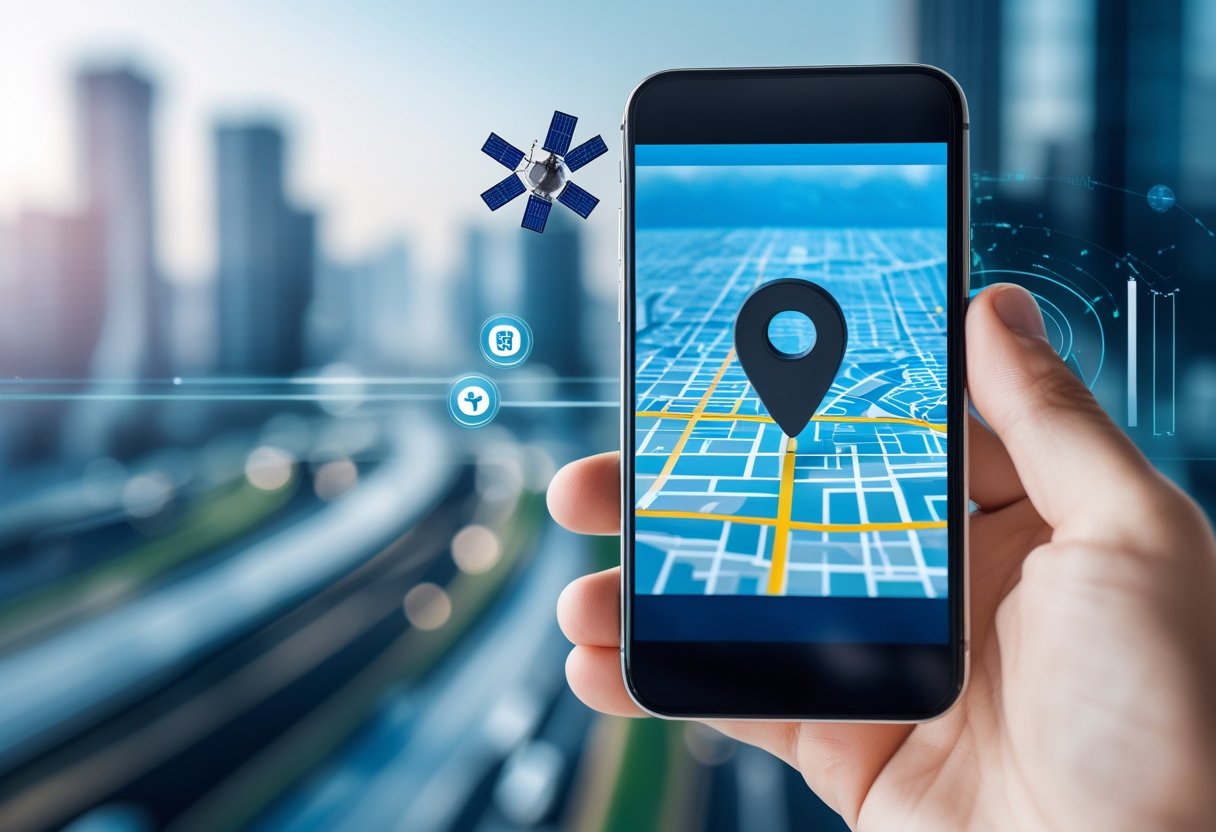 A person holding a smartphone showing a digital map with a GPS location marker against a blurred city background.