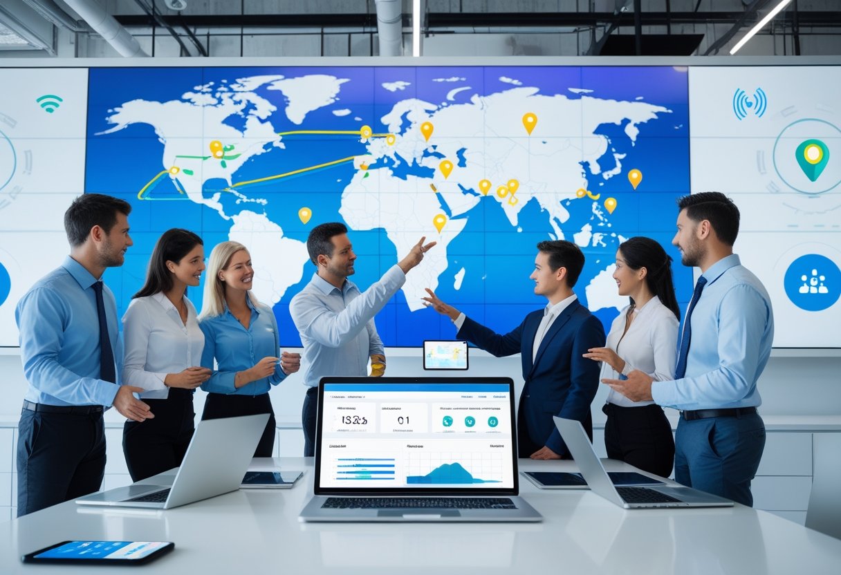 A group of professionals in an office reviewing digital maps and GPS tracking data on screens and devices.