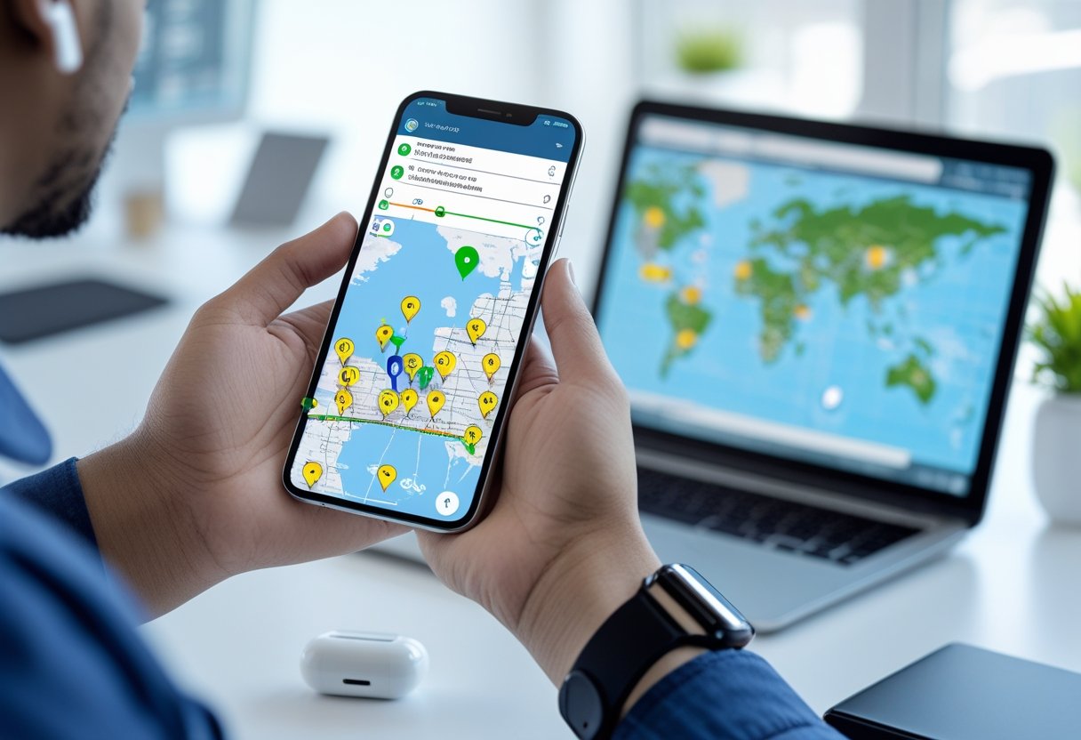 A person holding a smartphone showing a map with location pins and a route, with a laptop displaying tracking data in the background in an office setting.