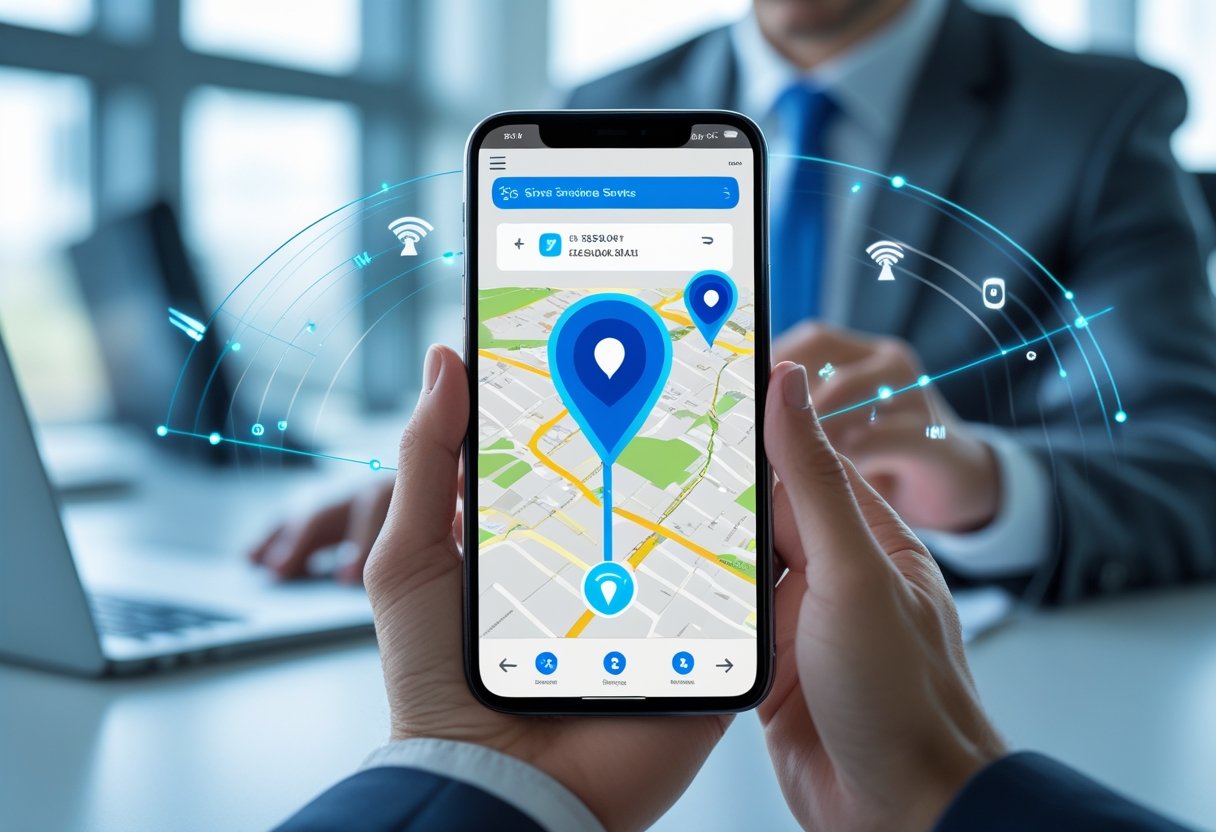 A person holding a smartphone showing a digital map with a location pin and route, representing GPS tracking technology.