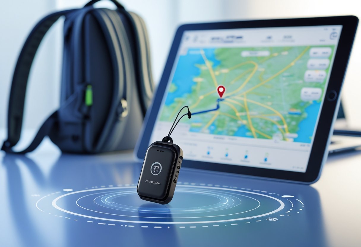 Close-up of a GPS tracking tag attached to a backpack with a digital map showing a real-time location on a tablet screen in the background.