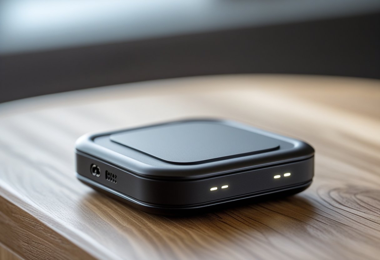 A close-up of a modern GPS tracking tag on a wooden surface.