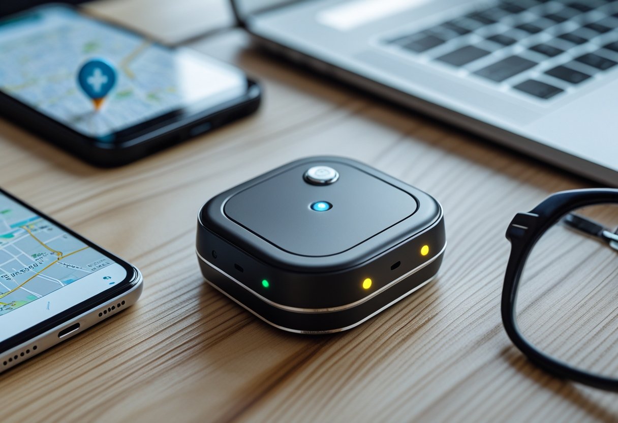 A small GPS tracking tag device on a wooden desk next to a smartphone showing a map, with a laptop and eyeglasses nearby.