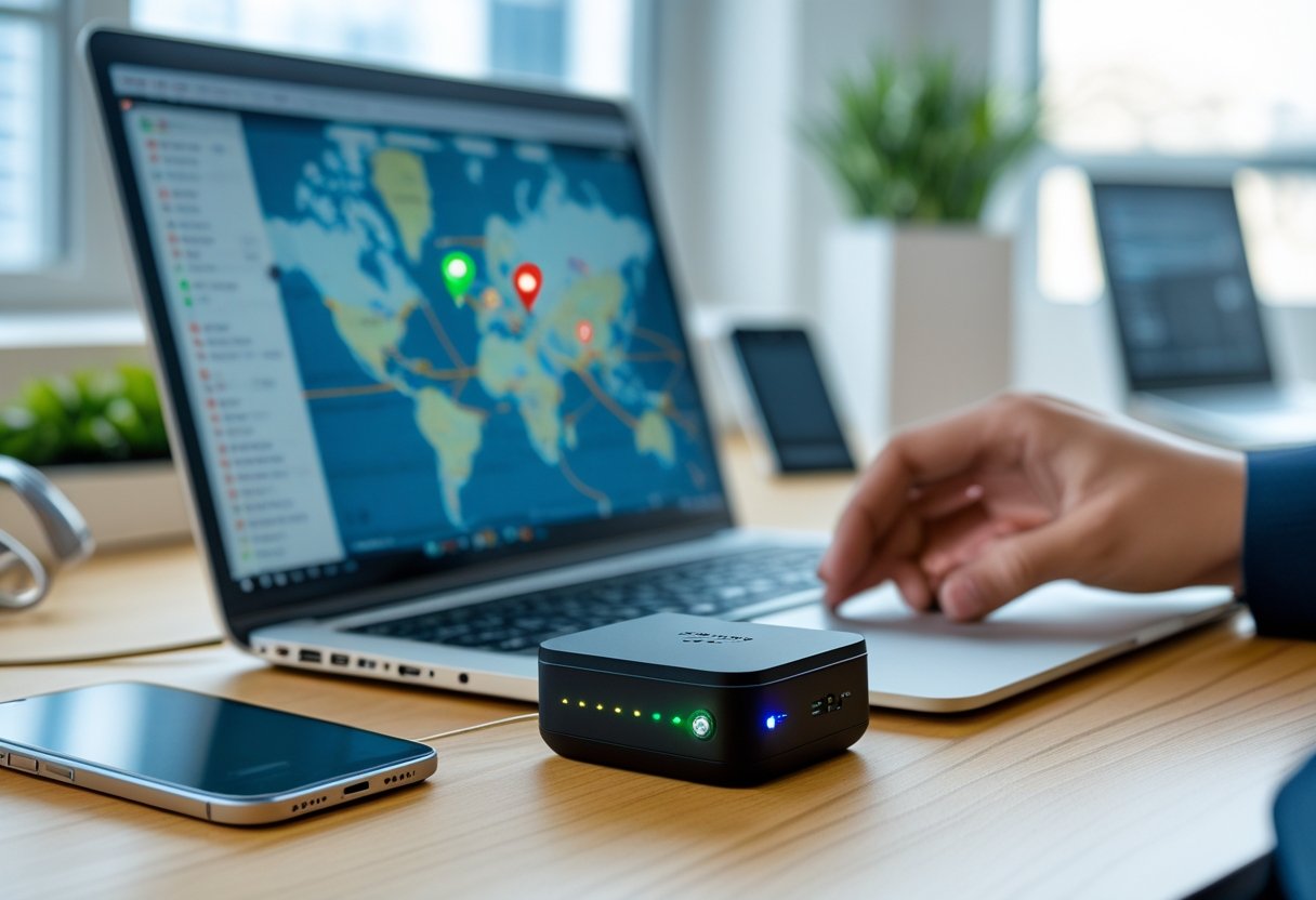 A GPS tracking device on a desk next to a laptop showing a digital map with location markers, with a person using the laptop in a bright office.