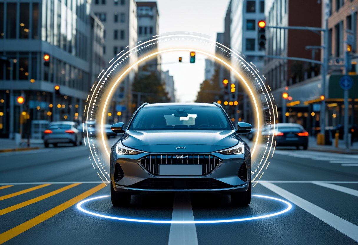 A modern car driving on a city street with a digital map overlay showing a geofenced boundary around it.