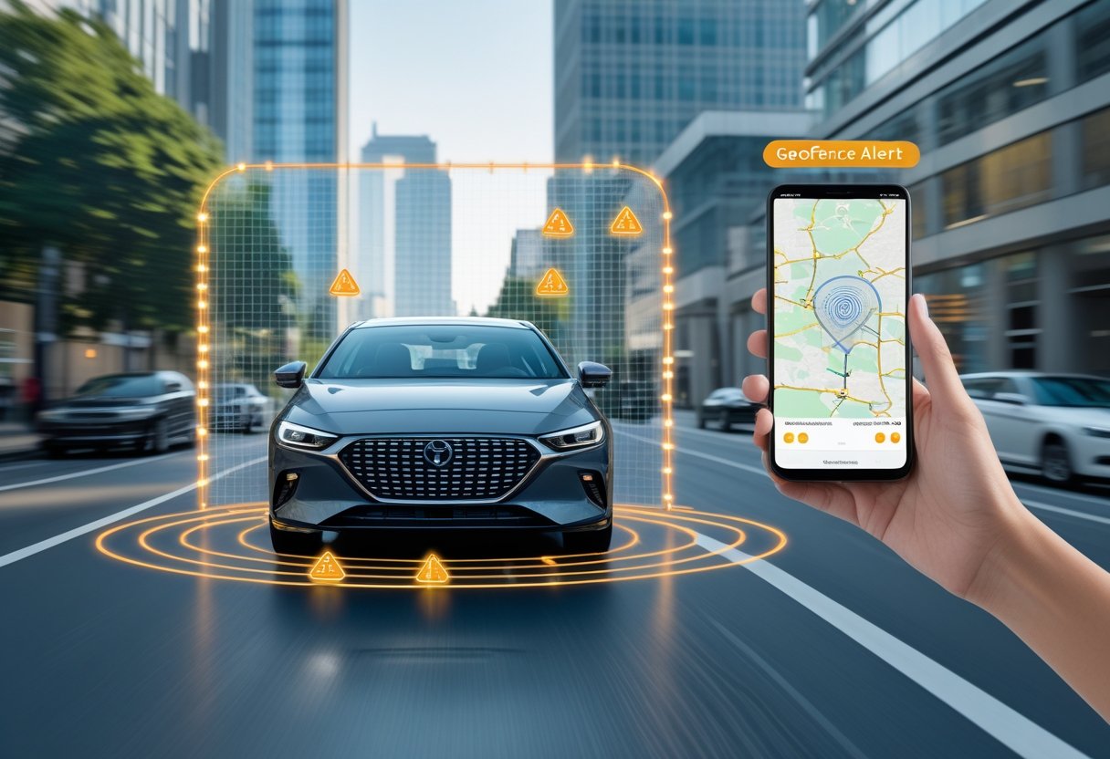 A modern car driving on a city street with digital geofence boundaries and alert icons around it, alongside a smartphone displaying a map with a marked geofenced area.