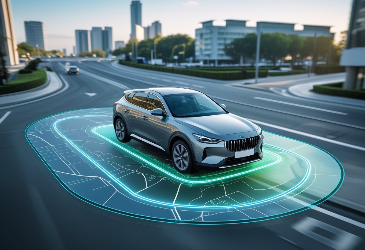 A modern car driving on a city street with a digital map overlay showing a geofenced area around the vehicle.
