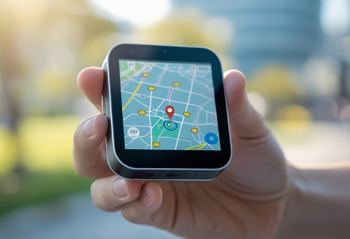 Close-up of a person holding a GPS locator device showing a map with a location pin.