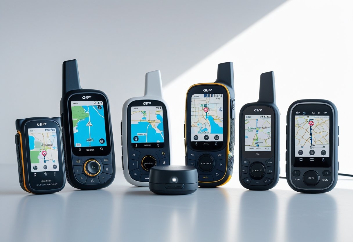 Several GPS locator devices placed on a white surface, showing screens and buttons.