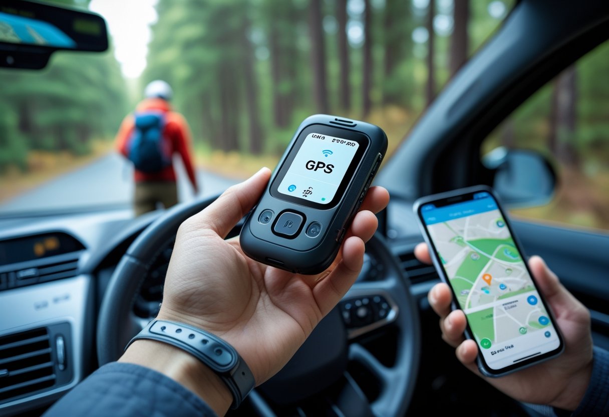 A hand holding a GPS device with a car dashboard, a hiker in a forest, a dog with a GPS collar, and a delivery driver using a smartphone in the background.