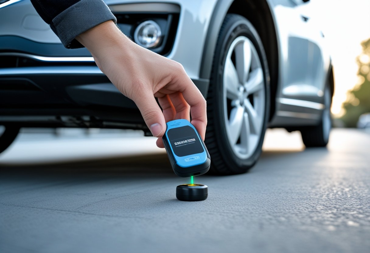 A person inspecting the underside of a car to find a hidden GPS tracker attached near the wheel.